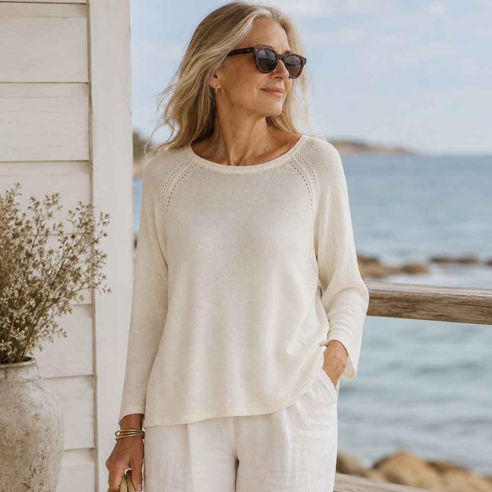 J McLaughlin Sheer Lightweight Knit Sweater Sz M Ivory Coastal Quiet Luxury